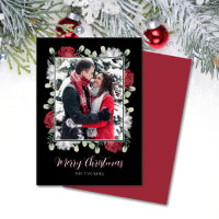 Elegant Red White Floral on Black Photo Christmas
