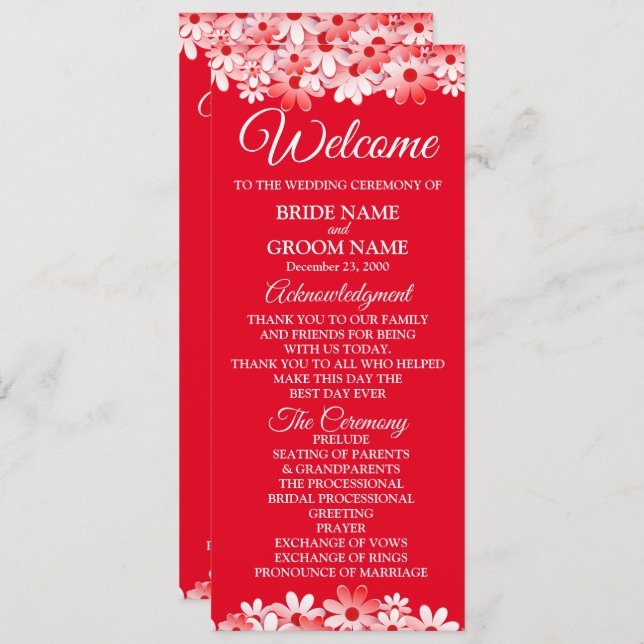Elegant Red White Floral Wedding Programme (Front/Back)
