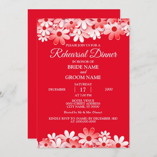 Elegant Red White Floral Wedding Rehearsal Dinner Invitation (Front/Back)