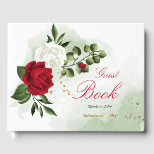 elegant red & white flowers greenery wedding guest book
