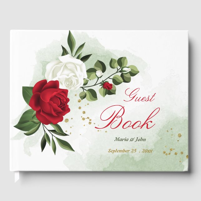 elegant red & white flowers greenery wedding guest book (Front)