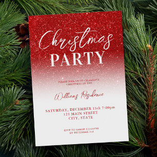 Elegant Red White Glitter Holiday Party Christmas Invitation