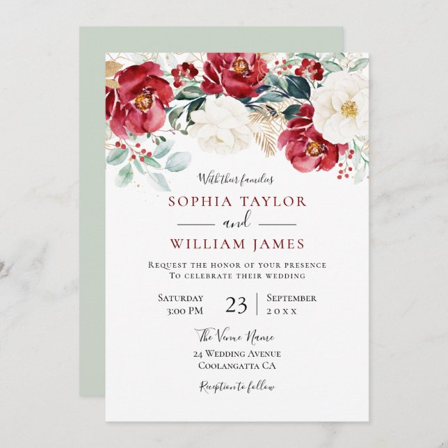 Elegant Red White Green Floral Holiday Wedding Invitation (Front/Back)