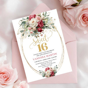 Elegant Red White Greenery Sweet Sixteen Birthday  Invitation