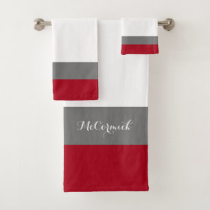 Elegant Red White Grey Stripes Script Monogram Bath Towel Set