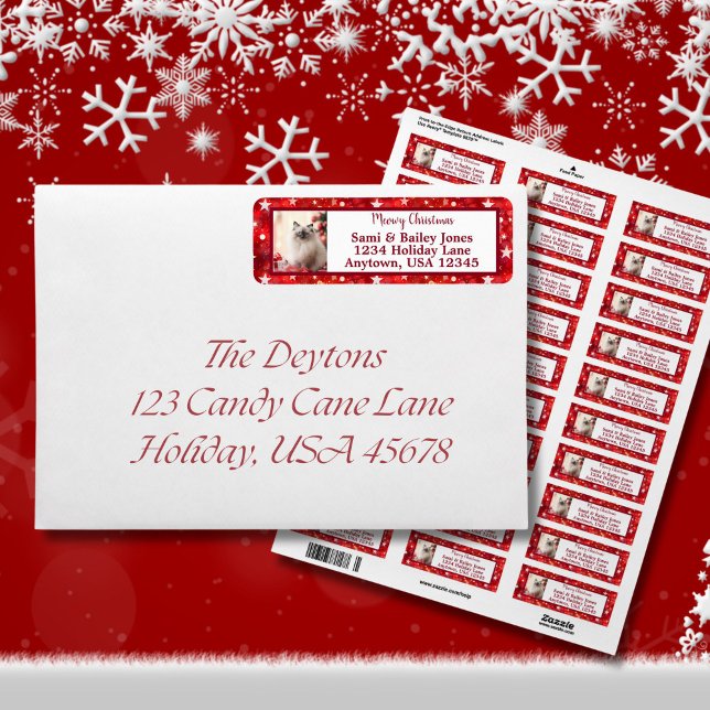 Elegant Red & White Holiday Photo Label (Elegant Red and White Stars  Holiday Envelope Label)