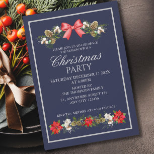 Elegant Red White Holly Floral Berries Christmas Invitation
