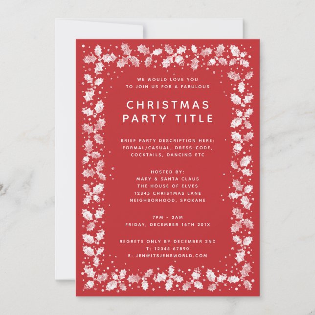 Elegant Red + White Holly Leaves Christmas Party Invitation (Front)