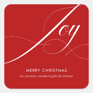 Elegant Red White Joy Script Square Sticker