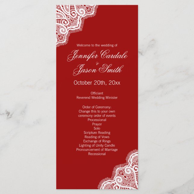 Elegant Red White Lace Vertical Wedding Programs Programme (Front)