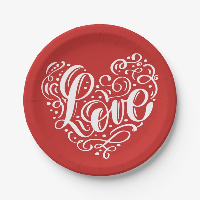 Elegant Red White Love Wedding Heart Bridal Shower Paper Plate (Front)