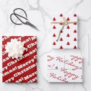 Elegant Red White Merry Christmas Happy Holidays Wrapping Paper Sheet