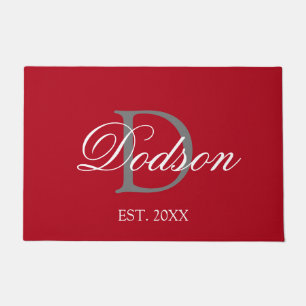 Elegant Red White Monogram Date Established Doormat