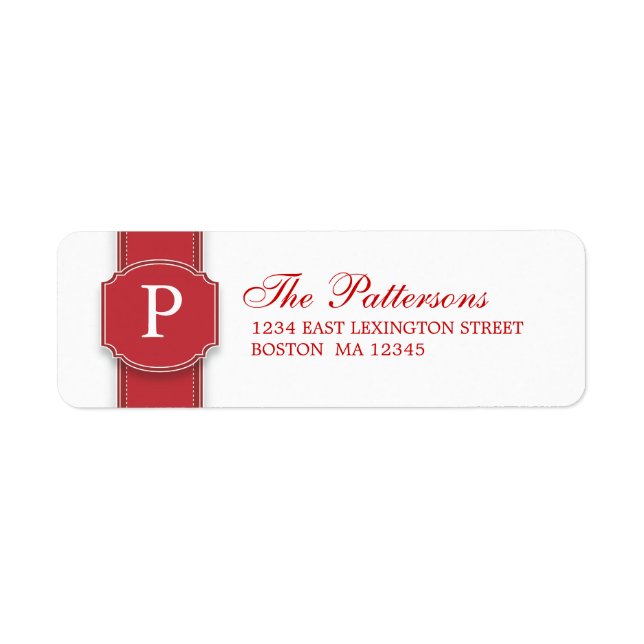 Elegant  Red & White Monogram Ribbon Address Label (Front)