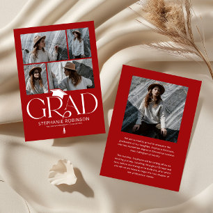 Elegant Red & White Photo Collage Graduation Announcement
