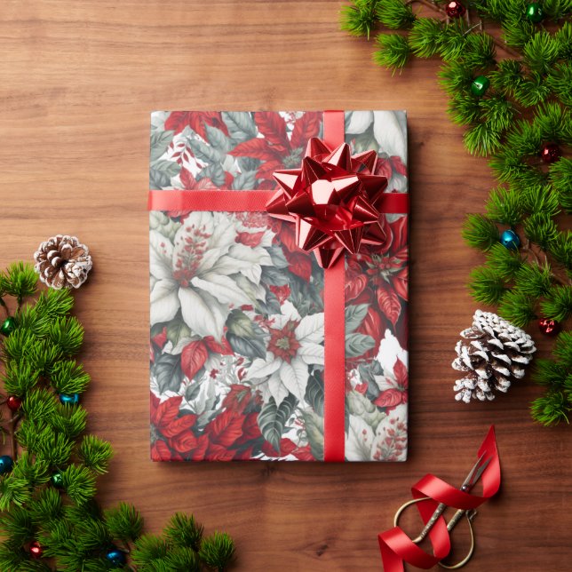 Elegant Red & White Poinsettia Christmas Floral Wrapping Paper (Holiday Gift)