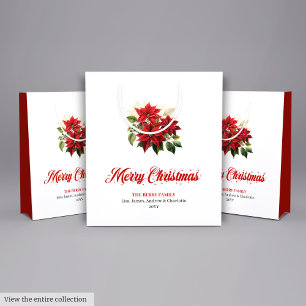 Elegant Red White Poinsettia Floral Gift Bag