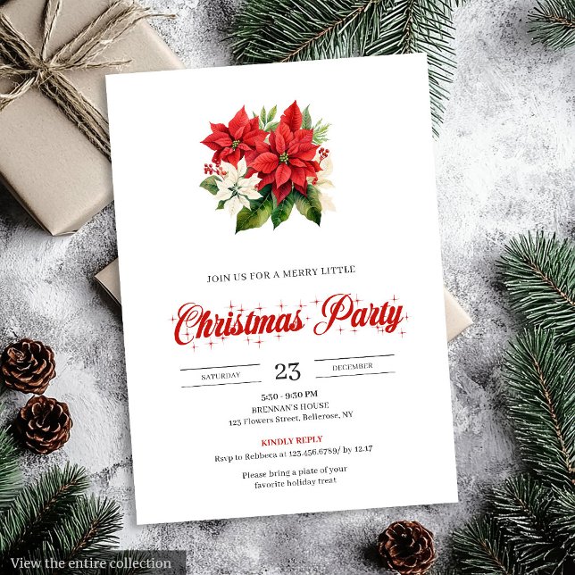 Elegant Red White Poinsettia Printable Christmas  Invitation (Elegant Red White Poinsettia Printable Christmas Invitation)