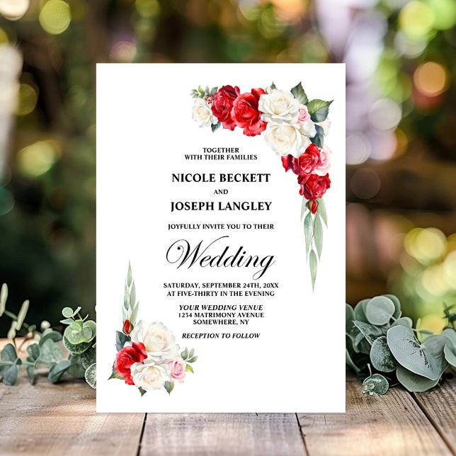Elegant Red White Rose Floral Wedding Invitation (Creator Uploaded)
