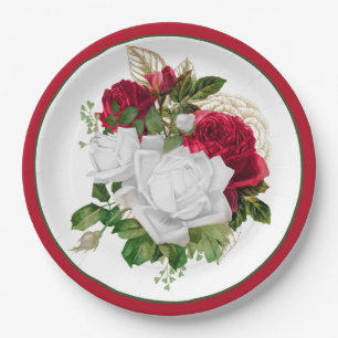 Elegant Red White Roses Bouquet Paper Plate