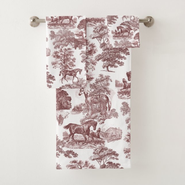 Elegant Red White Rustic Horses Toile  Bath Towel Set (Insitu)