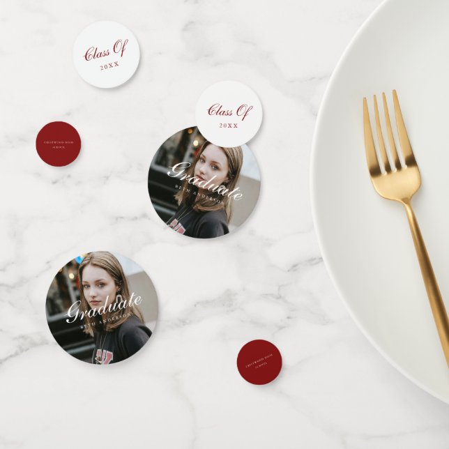 Elegant Red White Script Graduation Party Photo Confetti (Group)