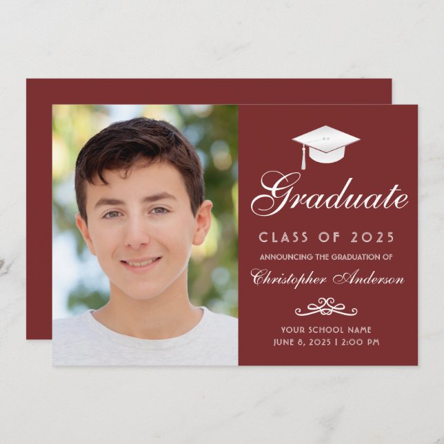 Elegant Red White Script Photo Graduation Announcement (Front/Back)
