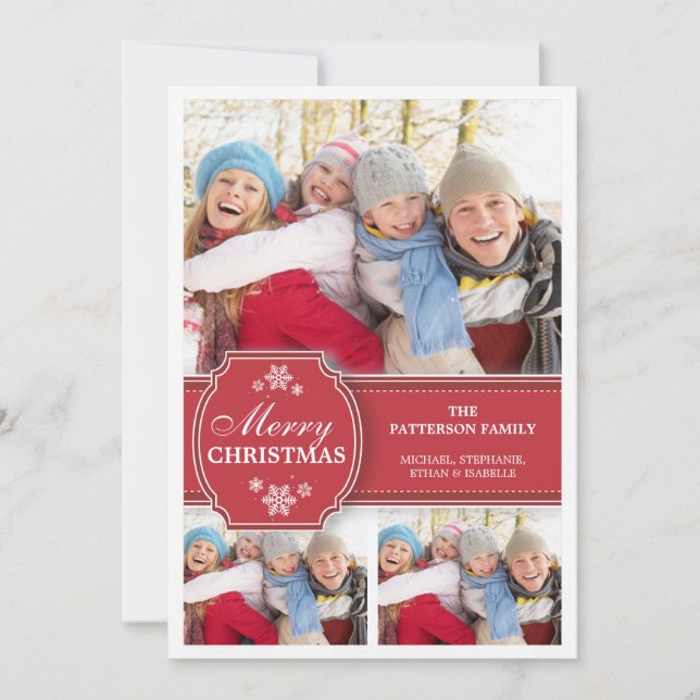 Elegant  Red & White Snow 3 Photo Greeting Card (Front)