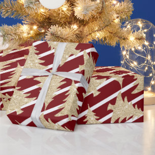 Elegant Red White Stripe Gold Christmas Tree  Wrapping Paper