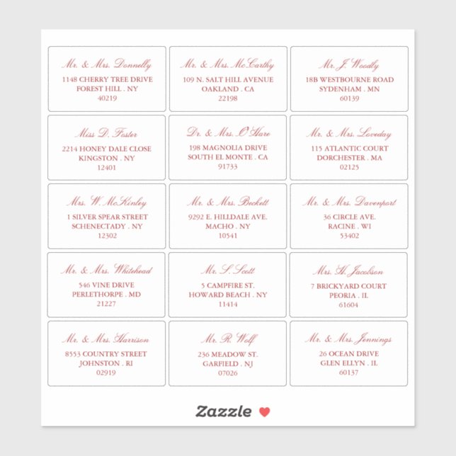 Elegant Red & White Wedding Individual Address (Sheet)