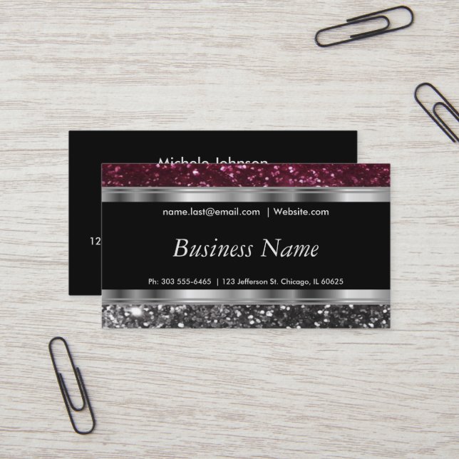 Elegant Red Wine and Silver Glitter Business Card (Front/Back In Situ)