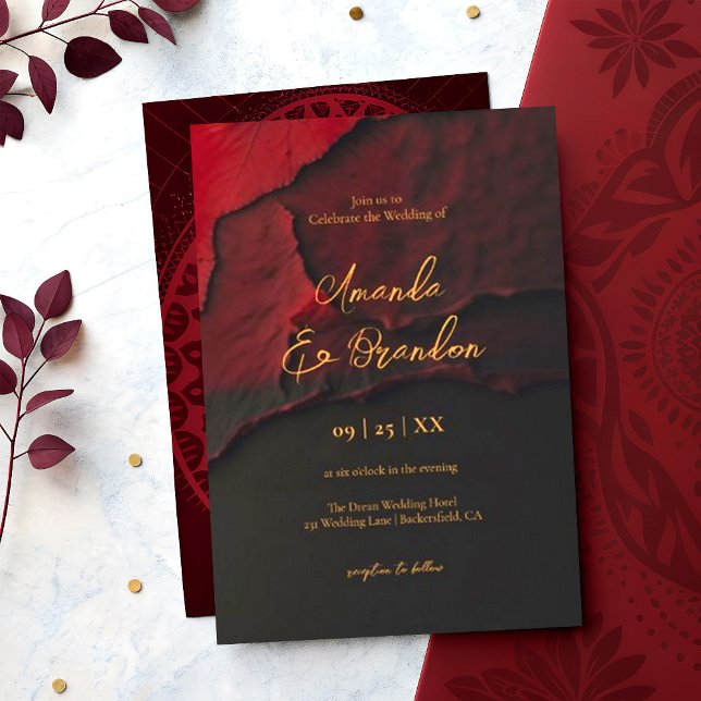Elegant Red Wine Faux Gold Foil Script Wedding Invitation (Creator Uploaded)
