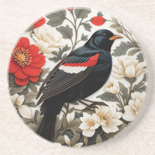 Elegant Red-winged Blackbird Red and Cream Floral Coaster