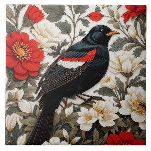 Elegant Red-winged Blackbird Red and Cream Floral Tile