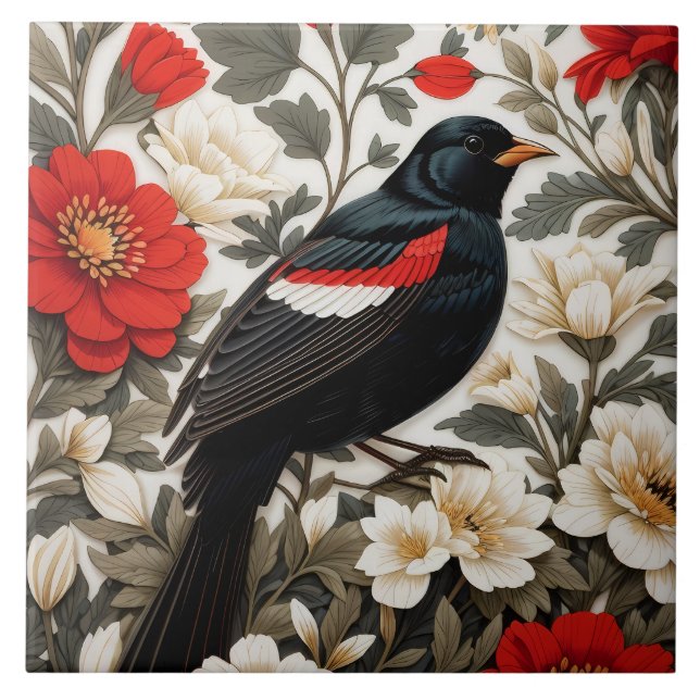 Elegant Red-winged Blackbird Red and Cream Floral Tile (Front)