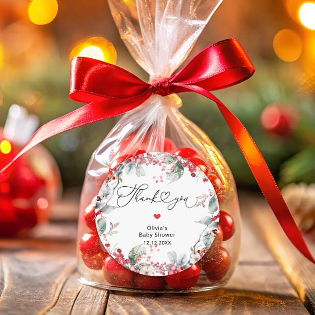 Elegant Red Winter Floral Baby Shower Thank You Classic Round Sticker (Creator Uploaded)