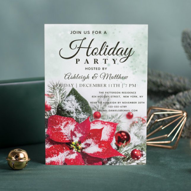 Elegant Red Winter Poinsettia Floral Holiday Party Invitation (Creator Uploaded)