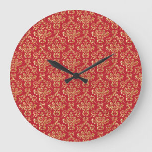 Elegant Red with Gold Damask Wall Clock