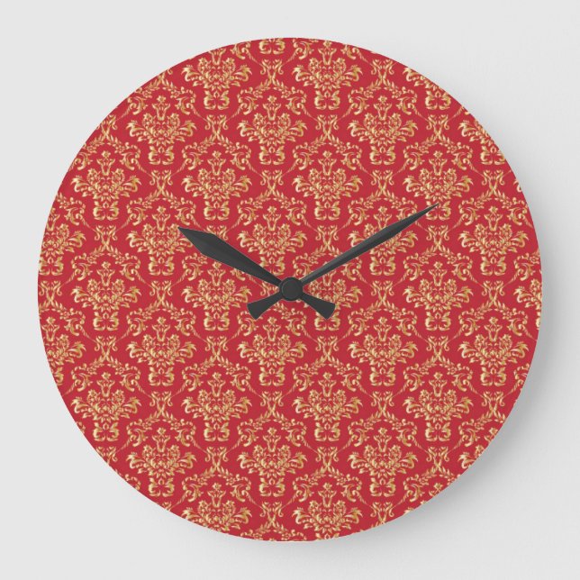 Elegant Red with Gold Damask Wall Clock (Front)