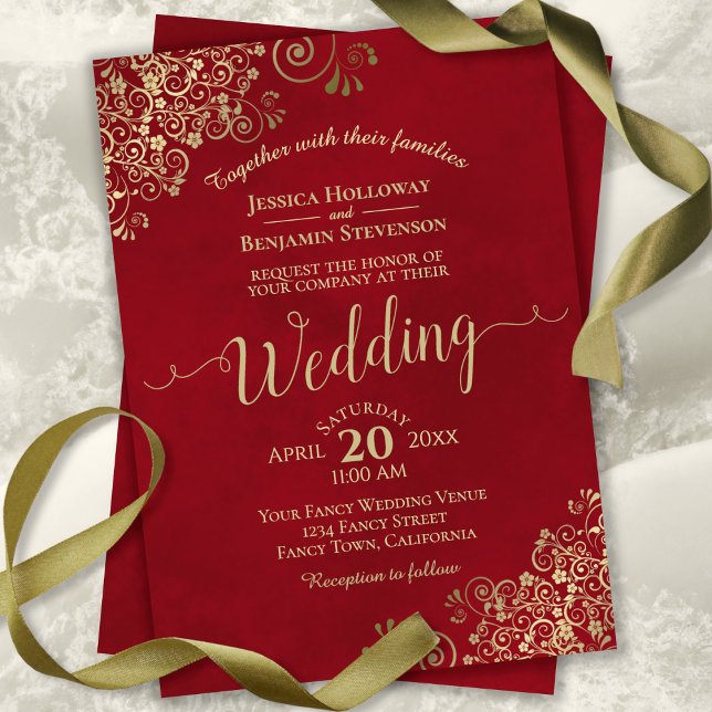Elegant Red with Gold Frills & Calligraphy Wedding Invitation (Creator Uploaded)