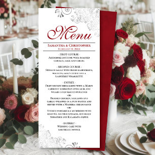 Elegant Red with Silver Swirls on White Wedding Menu