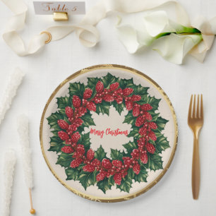 Elegant Red Wreath Holly Berries Christmas Gold me Paper Plate
