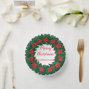 Elegant Red Wreath Holly Berries Christmas Green Paper Plate