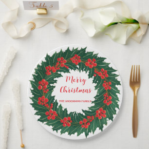 Elegant Red Wreath Holly Berries Christmas Green Paper Plate