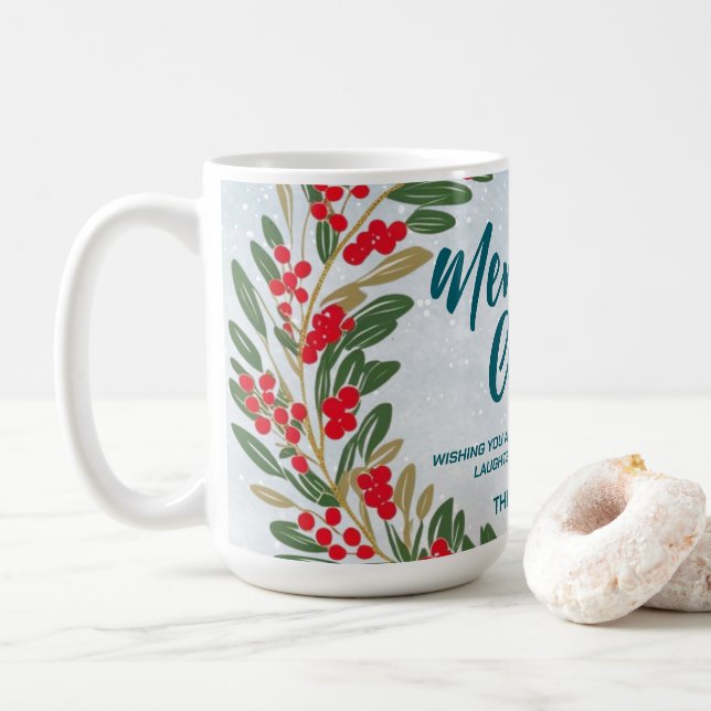 Elegant Red Wreath Holly Berries Gold merry Xmas  Coffee Mug (With Donut)