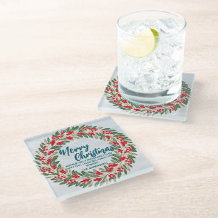 Elegant Red Wreath Holly Berries Gold merry Xmas Glass Coaster