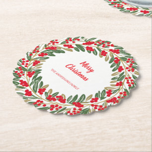 Elegant Red Wreath Holly Berries Gold merry Xmas Paper Coaster
