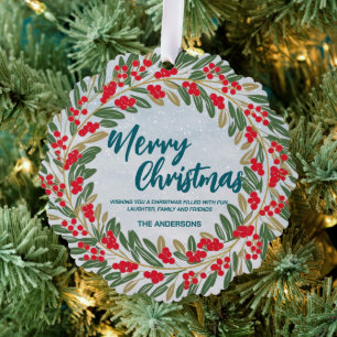 Elegant Red Wreath Holly Berries Gold merry Xmas Tree Decoration Card