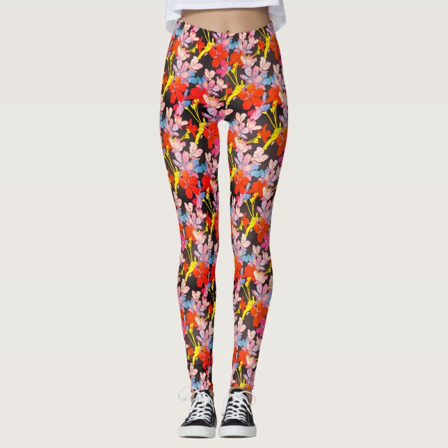 Elegant Red Yellow And Blue Flower Leggings (Front)