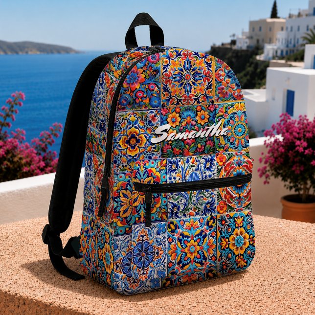 Elegant Red Yellow Mexican Talavera Monogram Tile Printed Backpack (Creator Uploaded)